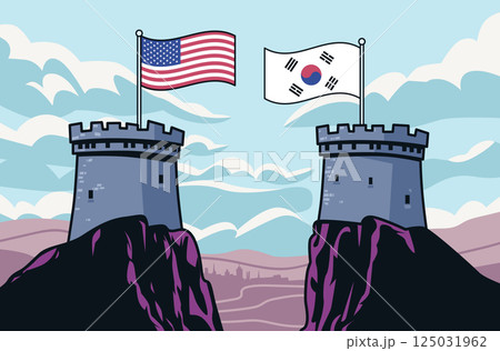 Trade war USA South Korea concept illustration. Two towers with USA and South Korea flags on rocky cliffs symbolize economic conflict. Sky background 125031962