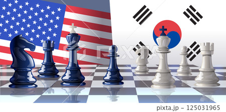 USA South Korea trade war chess battle concept with flags chess pieces on board representing conflict between countries strategic competition USA South Korea trade war chess battle concept with flags chess pieces on board representing conflict between countries strategic competition 125031965