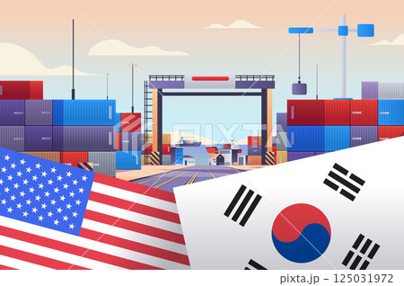 Trade war USA South Korea concept illustration depicting shipping containers flags port cranes international tariffs conflict export import economy 125031972
