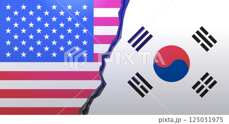 USA South Korea trade war concept flags torn background design USA South Korea trade war concept flags torn background design 125031975
