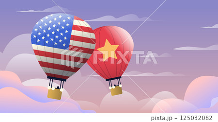 Hot air balloons USA China trade war concept depicting competition against a colorful sky background with clouds 125032082