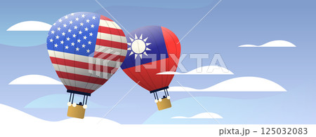 Hot air balloons USA Taiwan trade war concept. Balloons with USA and Taiwan flags in a blue sky with clouds symbolizing economic competition 125032083