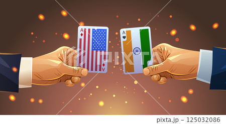Trade war USA India concept cards exchange illustration depicting hands holding playing cards with USA and India flags against a dark background with glowing sparks Trade war USA India concept cards exchange illustration depicting hands holding playing cards with USA and India flags against a dark background with glowing sparks 125032086