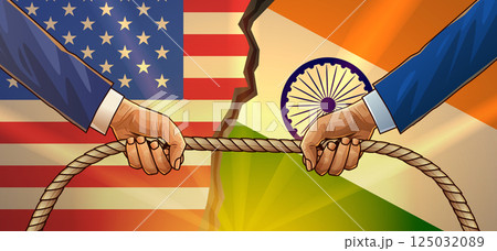 Trade war USA India concept illustration. Two hands in suits pulling a rope against a backdrop of American and Indian flags with a cracked border Trade war USA India concept illustration. Two hands in suits pulling a rope against a backdrop of American and Indian flags with a cracked border 125032089