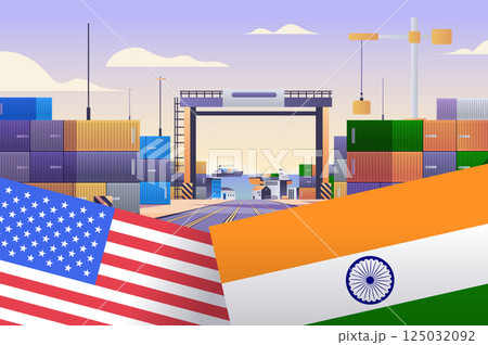 Trade war USA India shipping containers port scene flags cranes harbor Trade war USA India shipping containers port scene flags cranes harbor 125032092