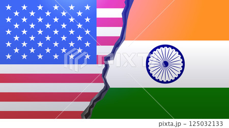 USA India trade war concept illustration depicting torn flags of both countries symbolizing conflict colorful design 125032133