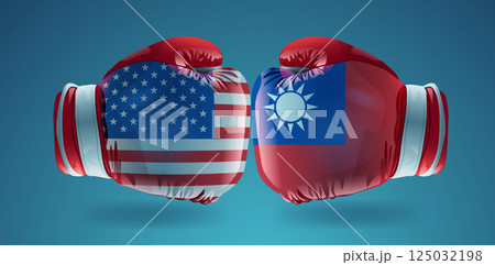 Boxing gloves USA Taiwan trade war concept. Two gloves with USA and Taiwan flags facing each other on a blue background symbolizing conflict 125032198