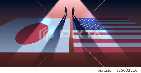 Japan USA trade war concept two silhouetted figures standing on flags spotlight dramatic tension international relations 125032216