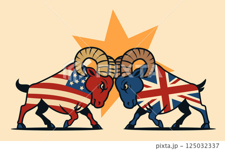 USA UK trade war concept two rams with American and British flags clashing against a star background symbolizing tariffs war 125032337