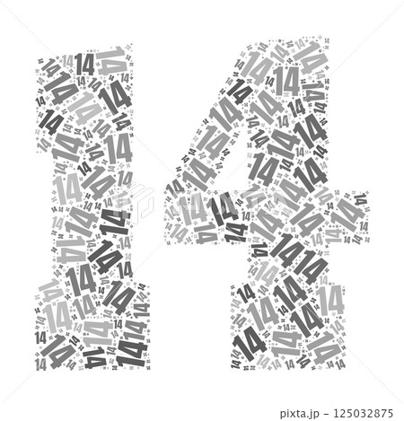 Grayscale word cloud forming the number 14, with repeated text in various sizes. 125032875