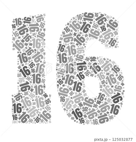 Grayscale word cloud forming the number 16, with repeated text in various sizes. Grayscale word cloud forming the number 16, with repeated text in various sizes. 125032877