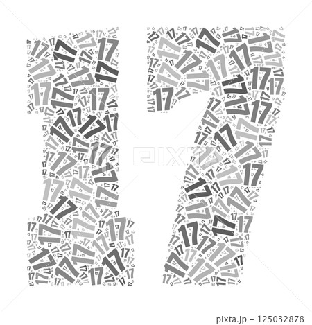 Grayscale word cloud forming the number 17, with repeated text in various sizes. 125032878