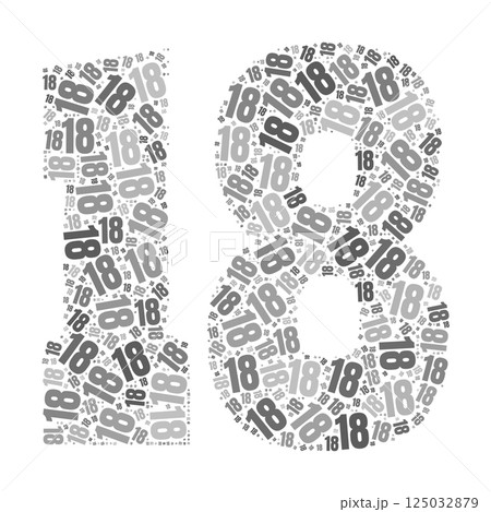 Grayscale word cloud forming the number 18, with repeated text in various sizes. 125032879