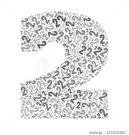 Grayscale word cloud forming the number 2, with repeated text in various sizes. Grayscale word cloud forming the number 2, with repeated text in various sizes. 125032882