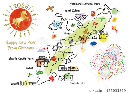 沖縄県の観光地のイラストマップ年賀状2026年 沖縄県の観光地のイラストマップ年賀状2026年 125033859