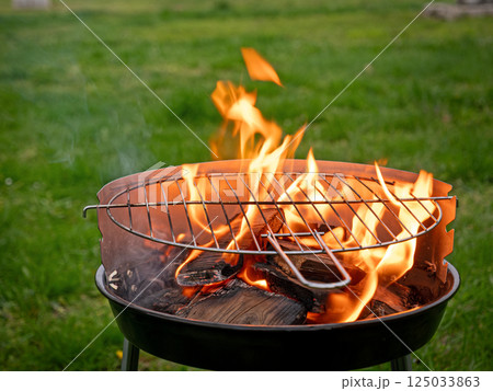 summer time party in backyard garden with grill BBQ fire pit summer time party in backyard garden with grill BBQ fire pit 125033863