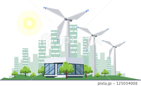 Clean electric energy concept. Renewable electricity resource from solar panels and wind turbines. Ecological change of the future. City skyline and nature landscape on background Clean electric energy concept. Renewable electricity resource from solar panels and wind turbines. Ecological change of the future. City skyline and nature landscape on background 125034008
