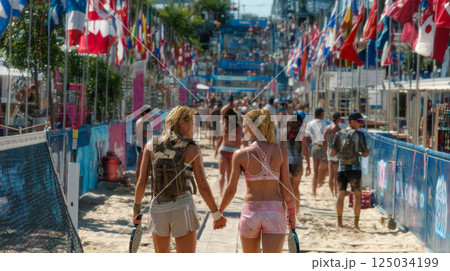 Two female beach tennis players walking hand in hand through a tournament venue lined with flags 125034199