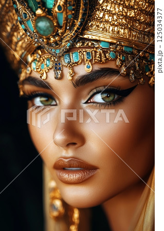 Ancient Egyptian woman gazes with intensity as royal crown glows with emeralds, sharp kohl lines frame vibrant green eyes while golden textures evoke power, elegance, and divine mystique. 125034377