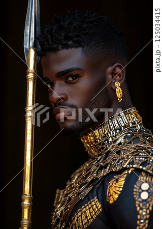 Regal African king holds golden spear with unwavering strength, king’s sculpted jaw and intricate armor shimmer with authority, radiating power, dignity, and noble presence. 125034415