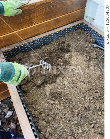 Men's hands in green gloves prepare soil for planting in spring. The soil is distributed with a rake. 125034507