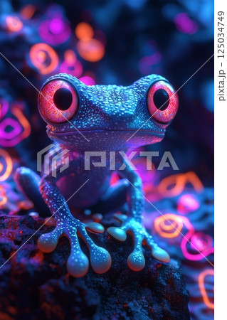 Frog glows with electric blue shimmer as frog stands boldly in neon jungle, glowing pink eyes radiating cosmic energy, fantasy light, and surreal rainforest mystery. Frog glows with electric blue shimmer as frog stands boldly in neon jungle, glowing pink eyes radiating cosmic energy, fantasy light, and surreal rainforest mystery. 125034749