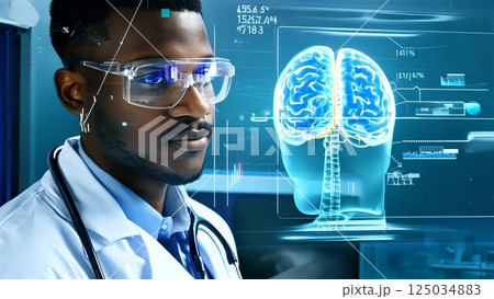 Afro-American healthcare professional analyzing virtual brain interface through smart glasses, displaying complex neurological data in cutting edge medical research environment 125034883