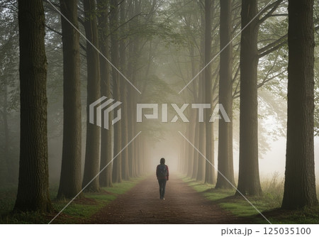 Walking through a misty forest path lined with tall trees in the early morning light Walking through a misty forest path lined with tall trees in the early morning light 125035100