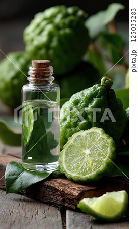 Bergamot essential oil bottle with fresh bergamot fruit and leaves on rustic wooden surface 125035283