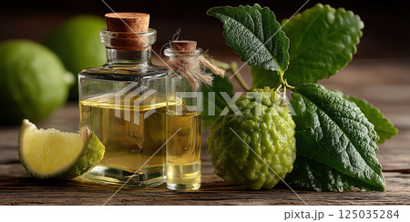 Bergamot oil in glass bottles with fresh bergamot fruit and leaves on rustic wooden table Bergamot oil in glass bottles with fresh bergamot fruit and leaves on rustic wooden table 125035284