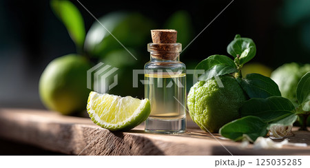 Bergamot extract in glass bottle with fresh bergamot fruit and leaves on wooden surface Bergamot extract in glass bottle with fresh bergamot fruit and leaves on wooden surface 125035285