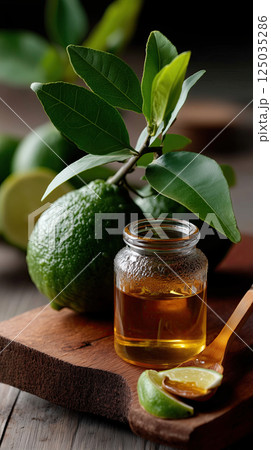 Bergamot extract in glass jar with fresh bergamot fruit and leaves on wooden surface Bergamot extract in glass jar with fresh bergamot fruit and leaves on wooden surface 125035286