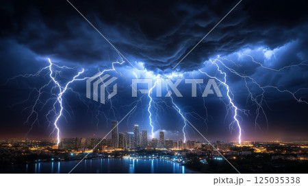 雨雲から落ちる複数の雷と都会のオフィスビル群の夜景と海 125035338
