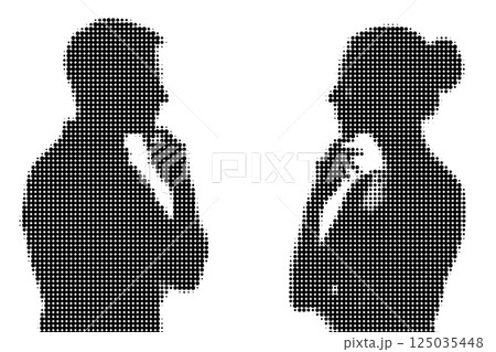 Halftone Dotted Silhouettes of Man and Woman Thinking Halftone Dotted Silhouettes of Man and Woman Thinking 125035448