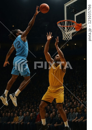 Basketball player in light blue uniform blocks opponent's shot during intense game with crowd watching close. Concept of athleticism 125035766