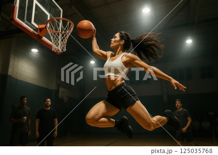 Volleyball player in yellow uniform smiling with hand on hip while holding ball at sandy court under sun. Concept of dynamic game 125035768