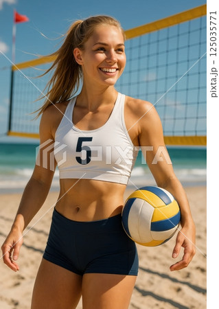 Confident blonde volleyball player in white top with number five holds ball by net, enjoying sunlit beach day. Concept of movement, sport 125035771