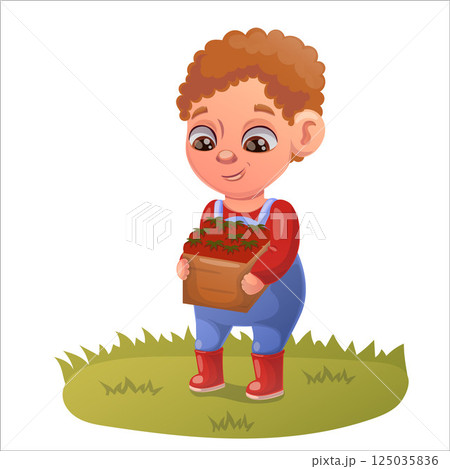 Illustration of a child doing gardening and animal husbandry 125035836
