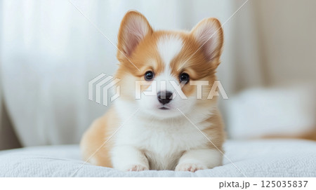 白いベッドでくつろぐ愛らしいコーギー子犬 | 明るい室内 125035837