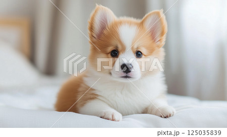 白いベッドでくつろぐ愛らしいコーギー子犬 | 明るい室内 125035839