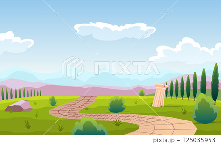 Summer landscape with historical landmark. Greek or roman building landscape. European architecture. Famous ancient architecture. Cartoon outdoor museum flat vector illustration 125035953