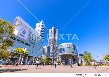 日本の東京都市景観 4月新緑…桜木町駅前のランドマークタワーやエアキャビンの桜木町駅など＝14日 125036304