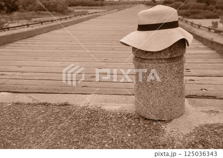 流れ橋と麦わら帽子の夏のイメージ 125036343