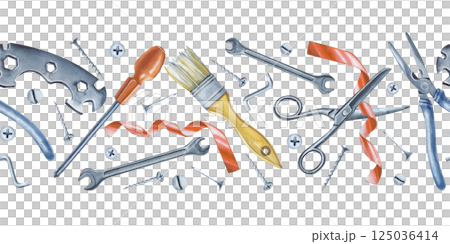 Watercolor illustration of male instruments. Seamless curb with various repair tools. Pliers, brush, nails, screws, screwdriver, scissors. An image for a design in a construction and repair service. Watercolor illustration of male instruments. Seamless curb with various repair tools. Pliers, brush, nails, screws, screwdriver, scissors. An image for a design in a construction and repair service. 125036414