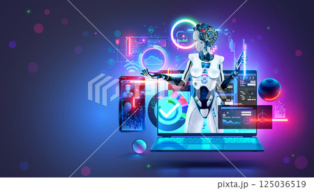 Ai bot programmer with laptop with code programs on screen. Artificial intelligence coder. Robot programmer. AI Software development technology. Ai chat bot create program code, programming on laptop. 125036519