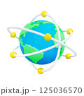 3D cartoon stylized globe with orbital paths and yellow spheres resembling atomic orbits surrounding the Earth. Concept of communication, science, technology, global networking. Vector illustration. 125036570