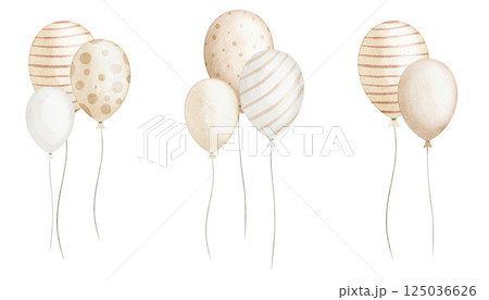 Watercolor illustration party Balloon bunches in beige pastel colors. Drawing for Baby Birthday greeting cards or newborn party invitations. Art for kids celebrations or wedding invites. 125036626