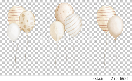 Watercolor illustration party Balloon bunches in beige pastel colors. Drawing for Baby Birthday greeting cards or newborn party invitations. Art for kids celebrations or wedding invites. 125036626