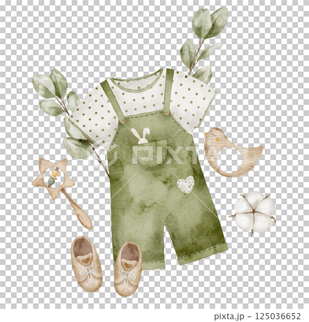 Watercolor baby boy Outfit set with green overalls, shirt, shoes, rattle, cotton flower and leaves. Illustration of childish Romper with wooden toys for newborn party greeting cards or kids invitation 125036652