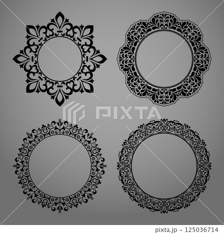 Set of decorative frames Elegant vector element for design in Eastern style, place for text. Floral black and gray borders. Lace illustration for invitations and greeting cards 125036714